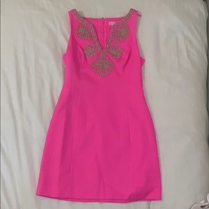Lilly Pulitzer Hot Pink Dress With Gold Embroidery